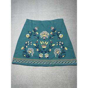 Women's Skirt MED‎ Embroidered Boho Teal Green Stretch Side Zip Colorful Western